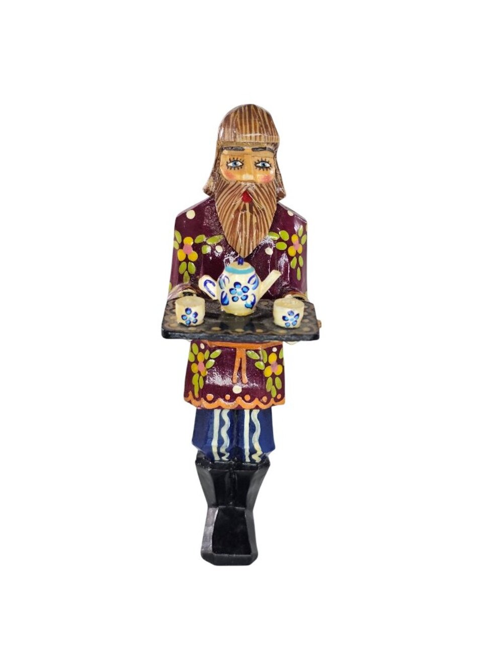 Russian Wooden Hand Painted Man With Tea Service Folk Art Decor 4.5" Tall
